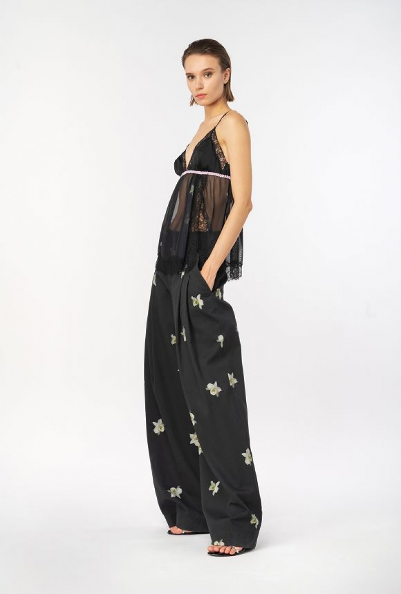 Pinko Pinko Reimagine Orchid-print Wide-leg Trousers By Patrick Mcdowell BLACK/WHITE | SN-PKO33729