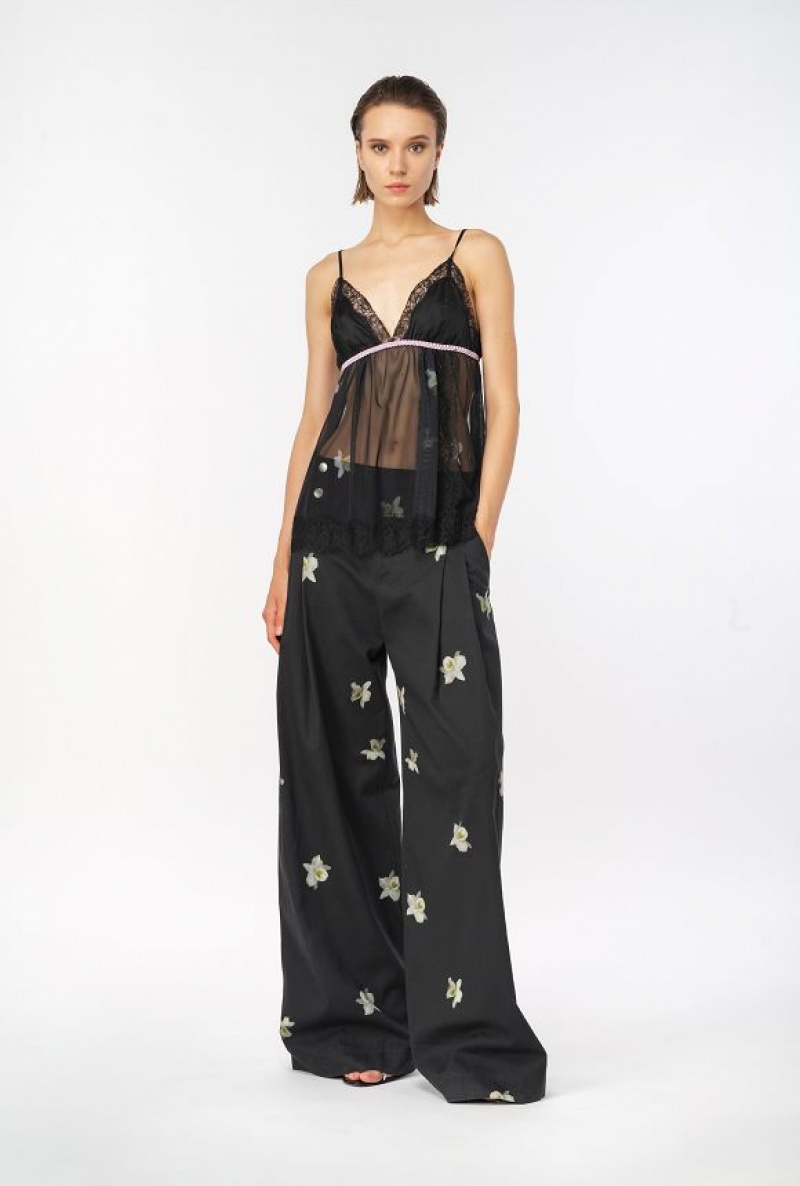 Pinko Pinko Reimagine Orchid-print Wide-leg Trousers By Patrick Mcdowell BLACK/WHITE | SN-PKO33729