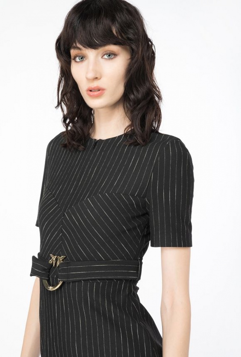 Pinko Pinstriped Mini Dress With Belt BLACK/BEIGE | SN-PKO33119