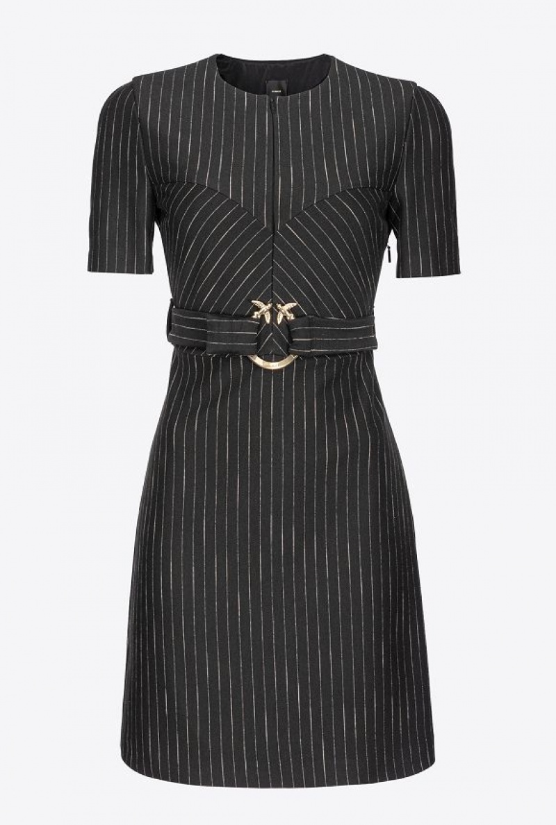 Pinko Pinstriped Mini Dress With Belt BLACK/BEIGE | SN-PKO33119