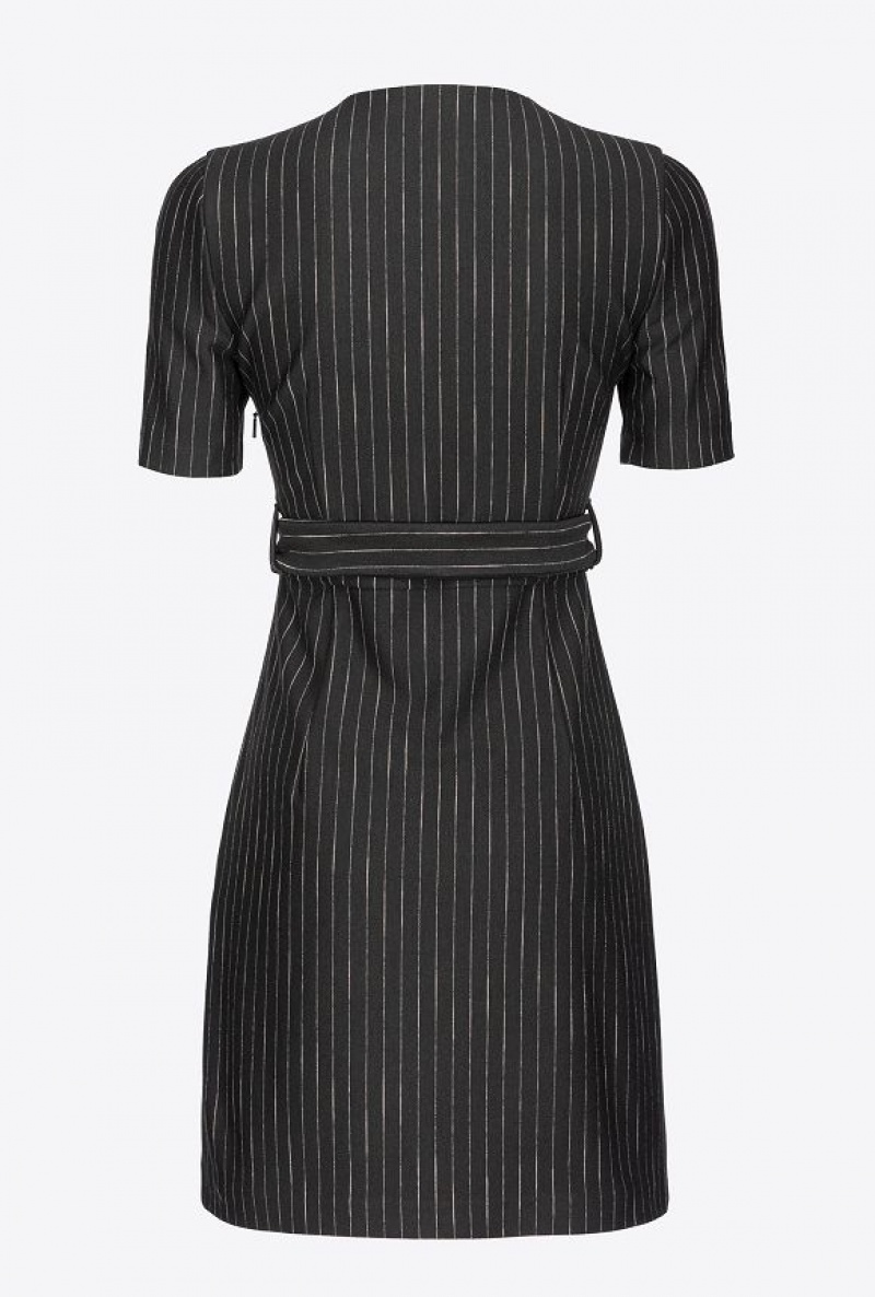 Pinko Pinstriped Mini Dress With Belt BLACK/BEIGE | SN-PKO33119