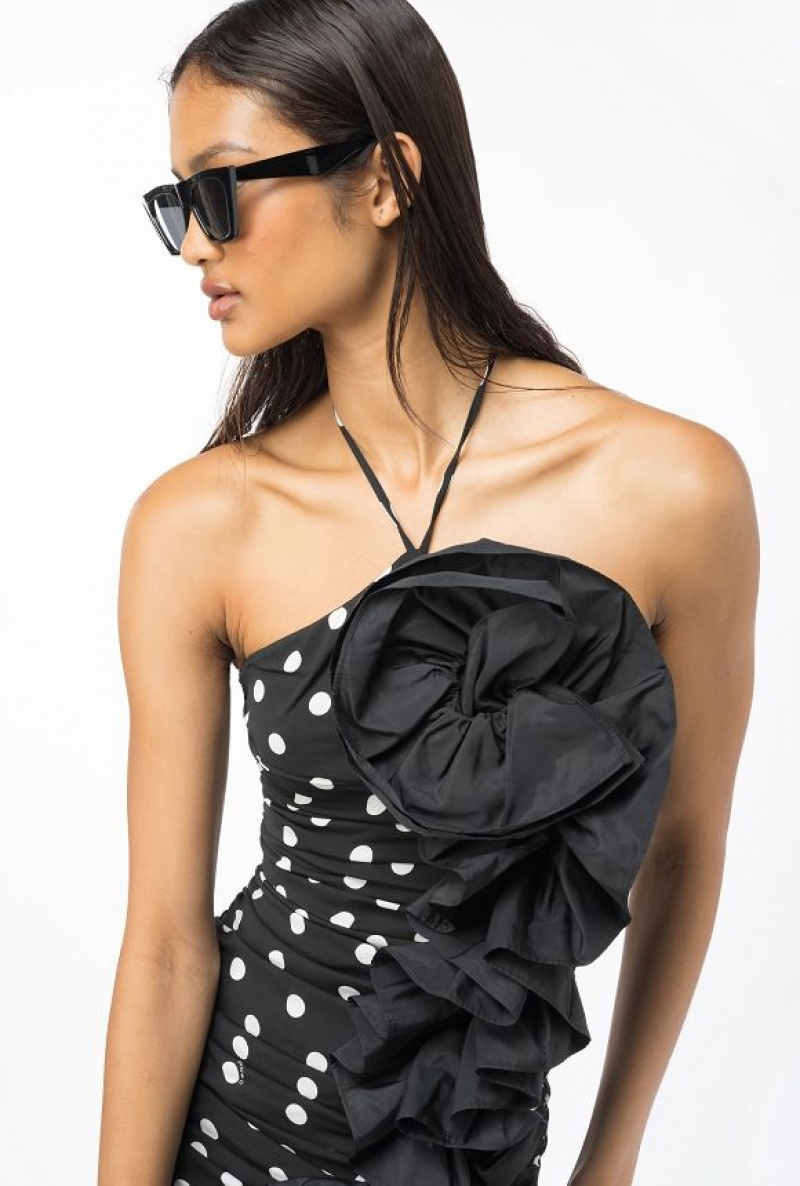 Pinko Polka-dot Mini Dress With Taffeta Ruching BLACK/WHITE | SN-PKO33050