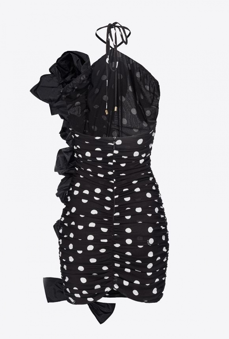 Pinko Polka-dot Mini Dress With Taffeta Ruching BLACK/WHITE | SN-PKO33050