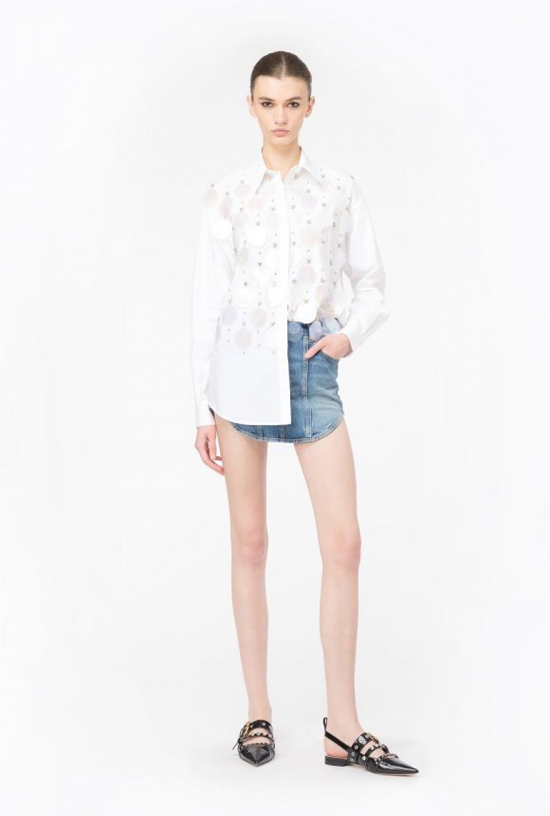 Pinko Poplin Shirt With Sequin Embroidery BRIGHT WHITE | SN-PKO33135