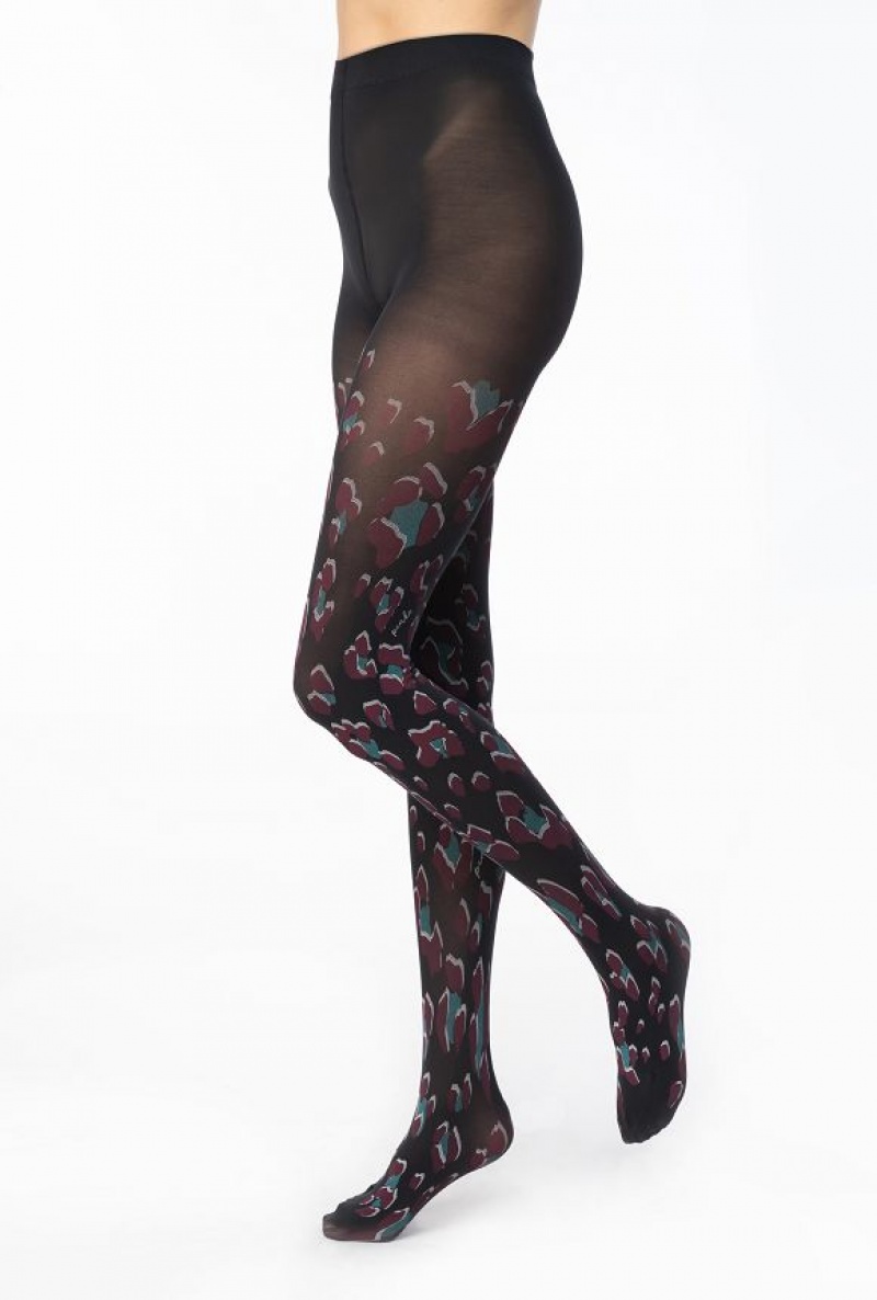 Pinko Printed Microfibre Tights BLACK/BURGUNDY/TEAL | SN-PKO34408