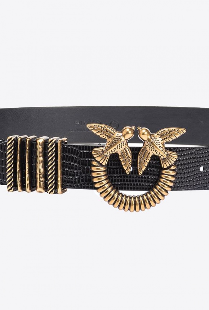 Pinko Reptile-print Belt With Twist 3cm BLACK-ANTIQUE GOLD | SN-PKO34222