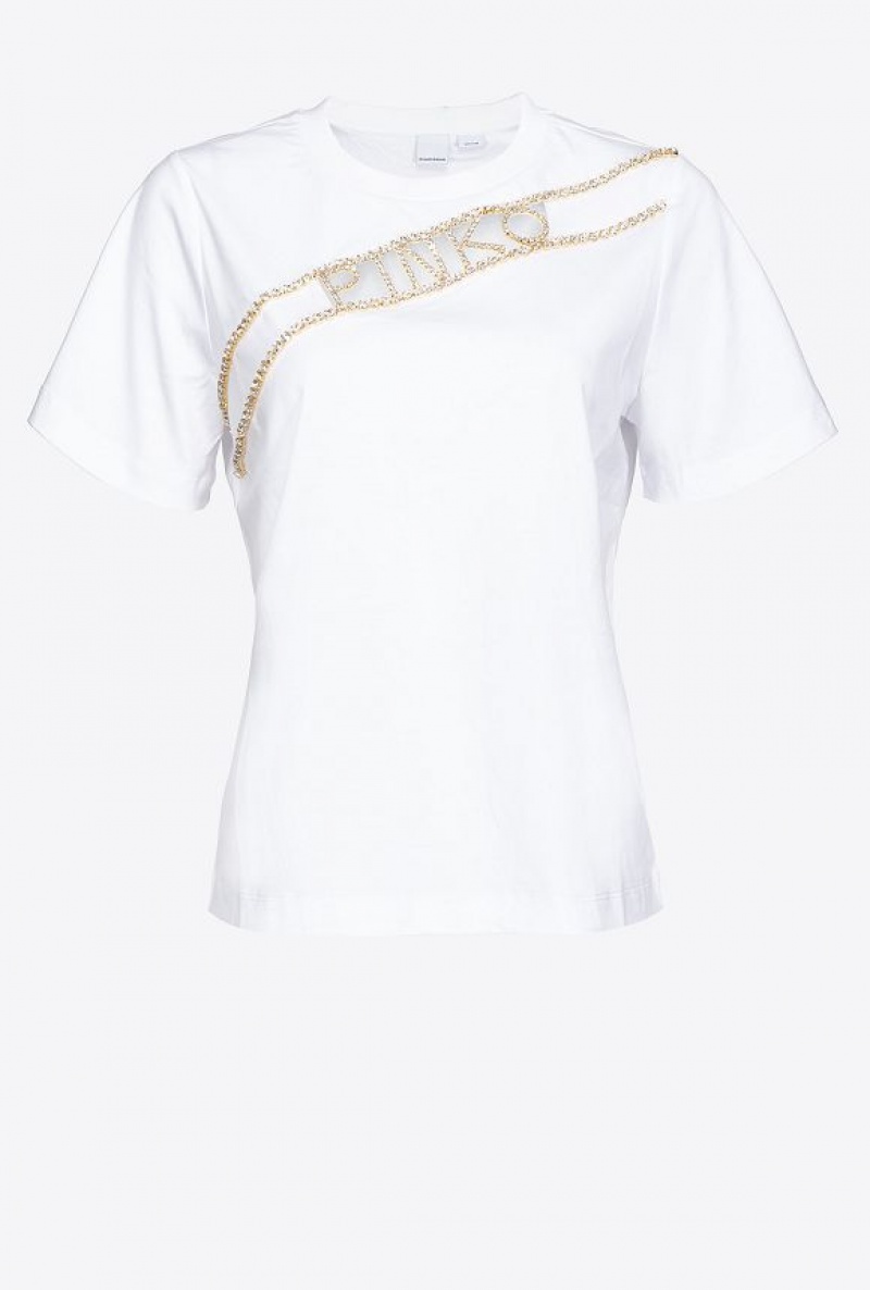 Pinko Rhinestone Logo T-shirt BRIGHT WHITE | SN-PKO33364