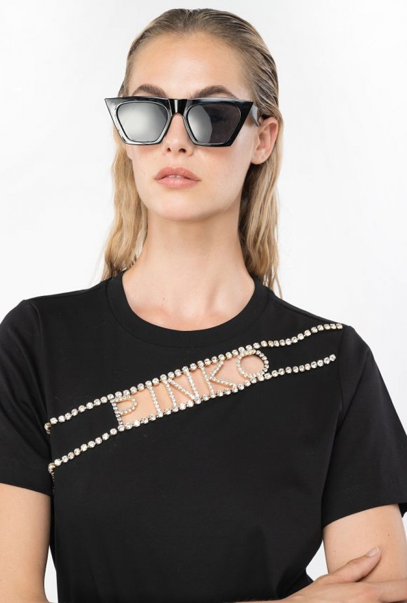 Pinko Rhinestone Logo T-shirt LIMO BLACK | SN-PKO33365