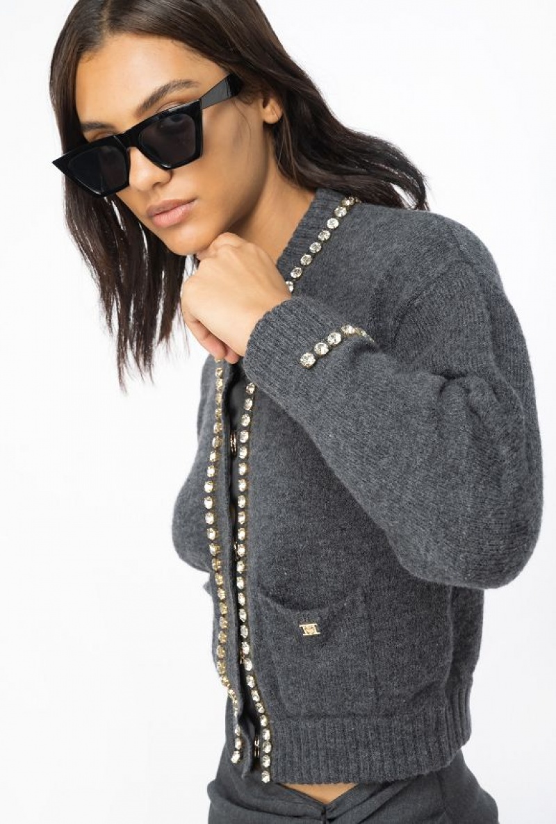 Pinko Rhinestoned Wool Cardigan DARK GREY | SN-PKO33464