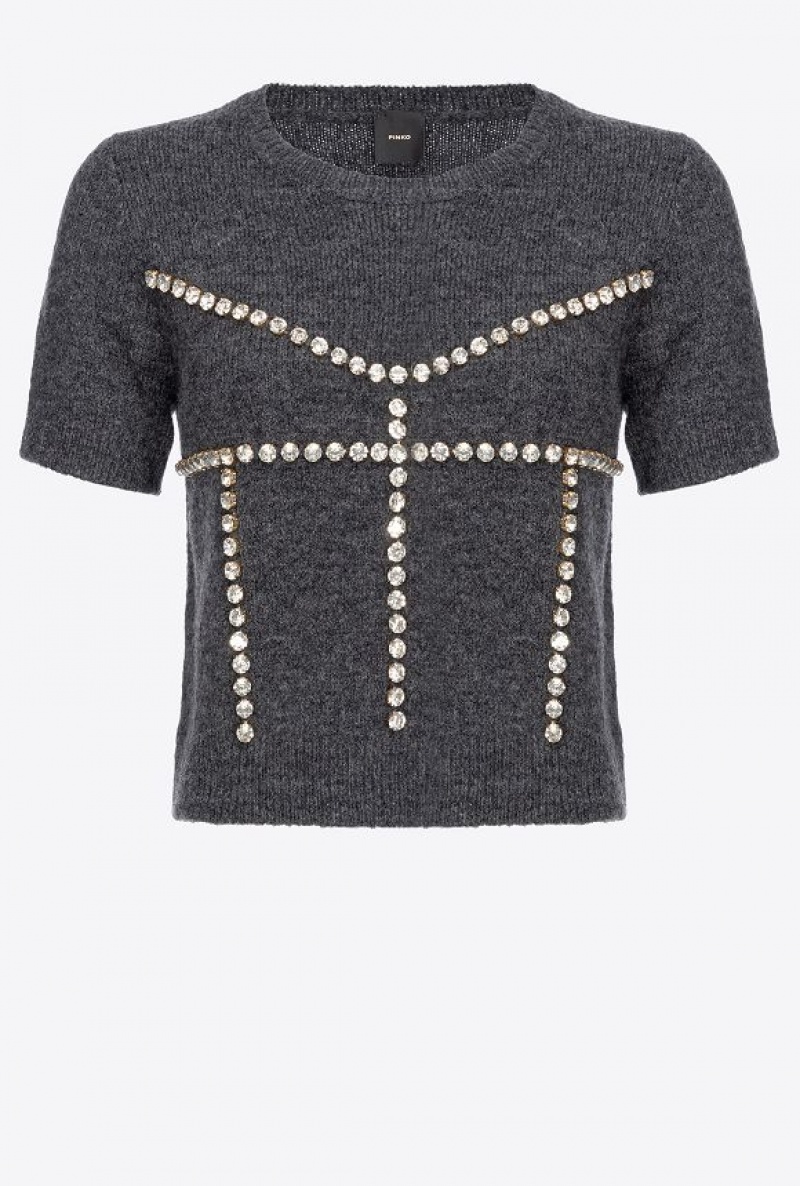 Pinko Rhinestoned Wool Sweater DARK GREY | SN-PKO33561