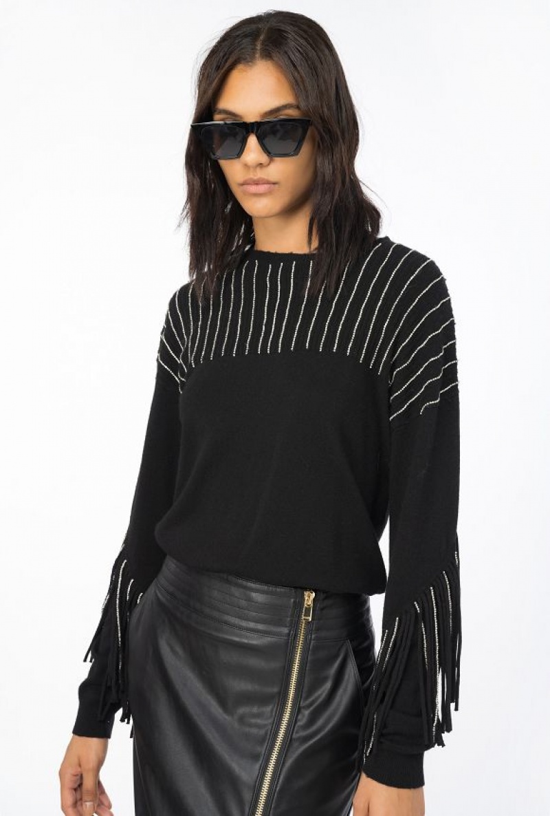 Pinko Rhinestone-fringe Pullover LIMO BLACK | SN-PKO33496