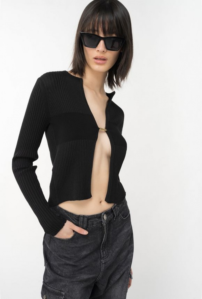 Pinko Ribbed Knit Open Cardigan LIMO BLACK | SN-PKO33465