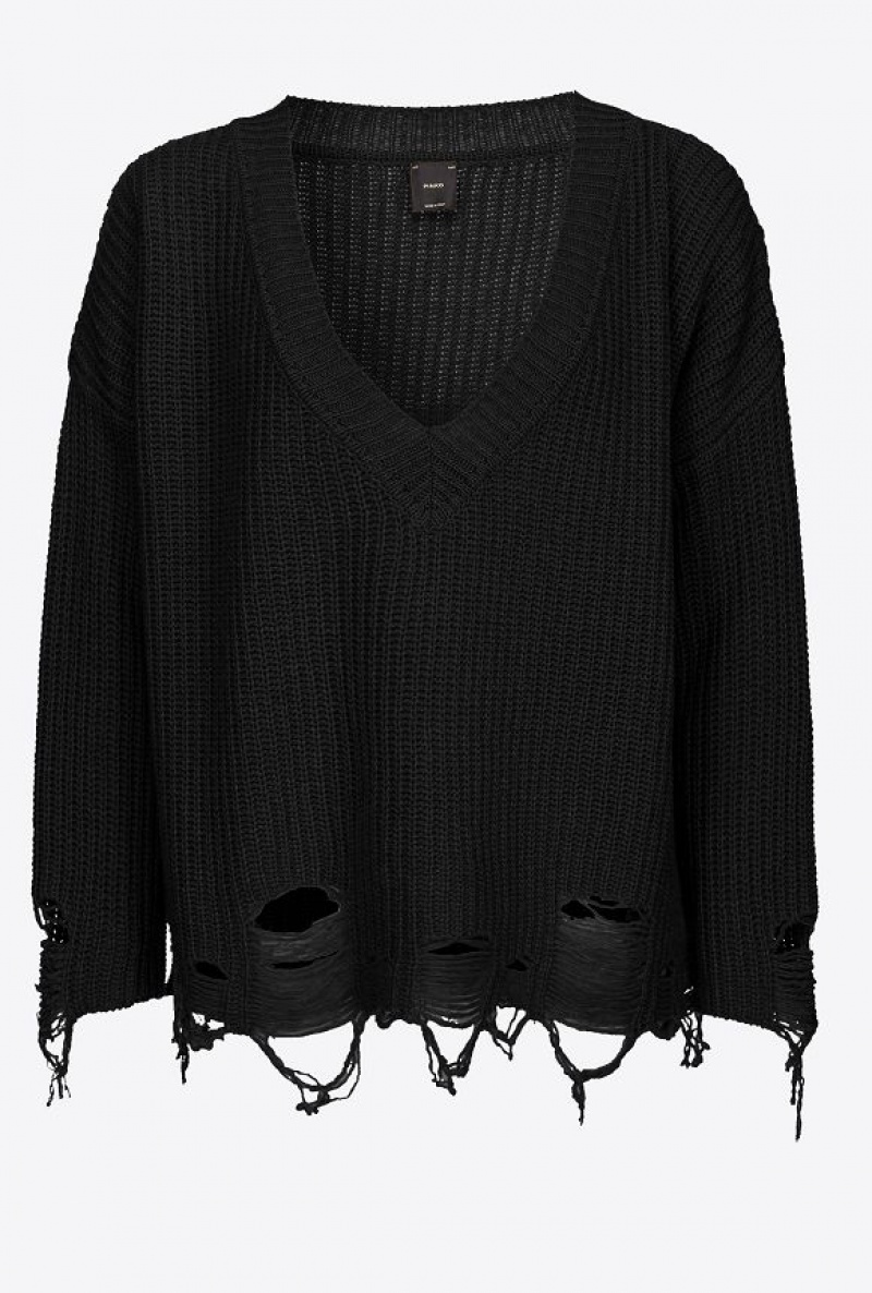 Pinko Ribbed Pullover With Rips LIMO BLACK | SN-PKO33436