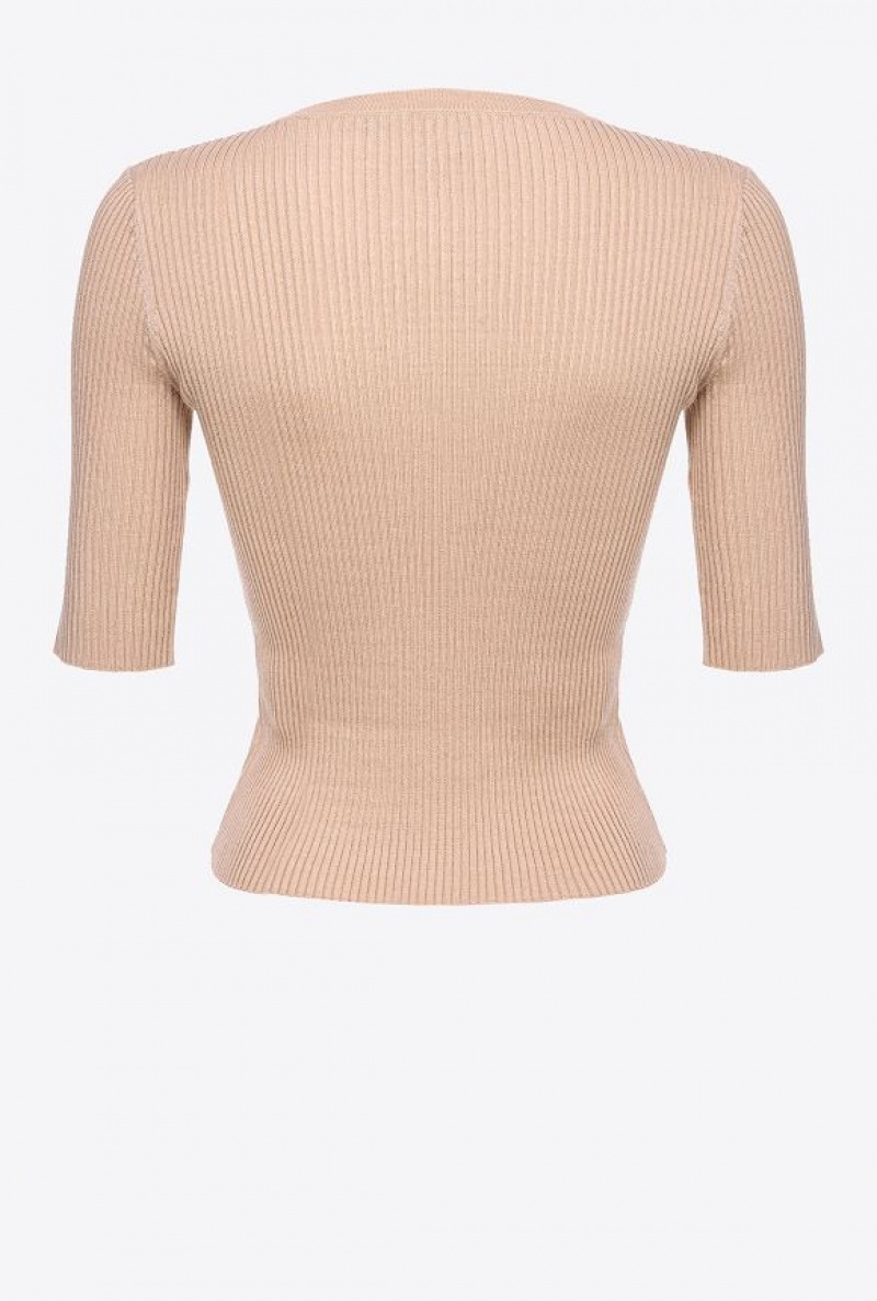 Pinko Ribbed Sweater With Transparent Love Birds Logo BEIGE-CHAMOIS | SN-PKO33403