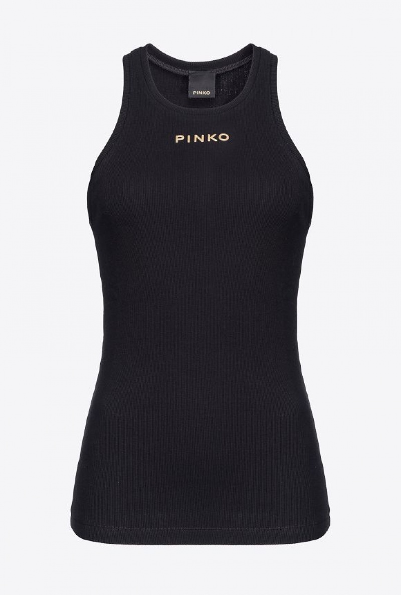 Pinko Ribbed Top With Logo LIMO BLACK | SN-PKO33282