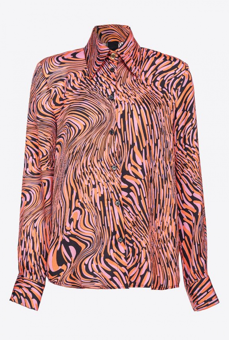 Pinko Satin Shirt With Distorted Print BLACK/PINK/ORANGE | SN-PKO33137