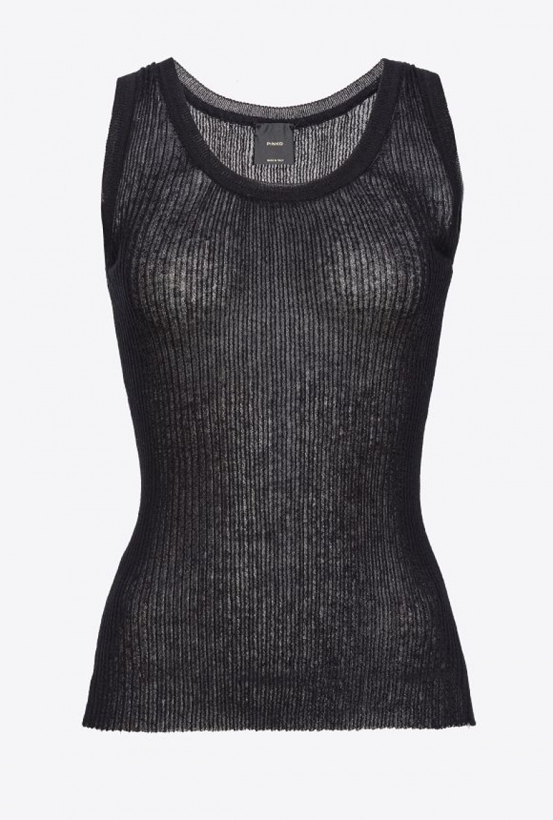 Pinko Semi-transparent Ribbed Vest Top LIMO BLACK | SN-PKO33290