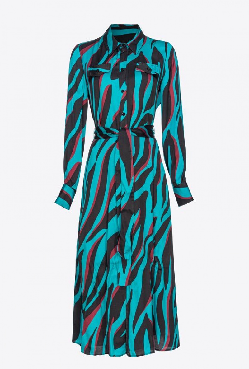 Pinko Shirt Dress With Psychedelic Zebra Print GREEN/BLACK/BURGUNDY | SN-PKO33066