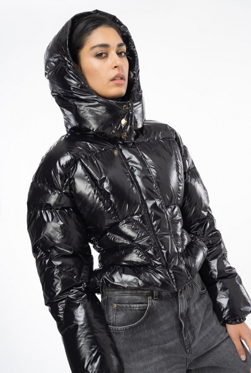 Pinko Short Crystal Nylon Down Jacket LIMO BLACK | SN-PKO33644