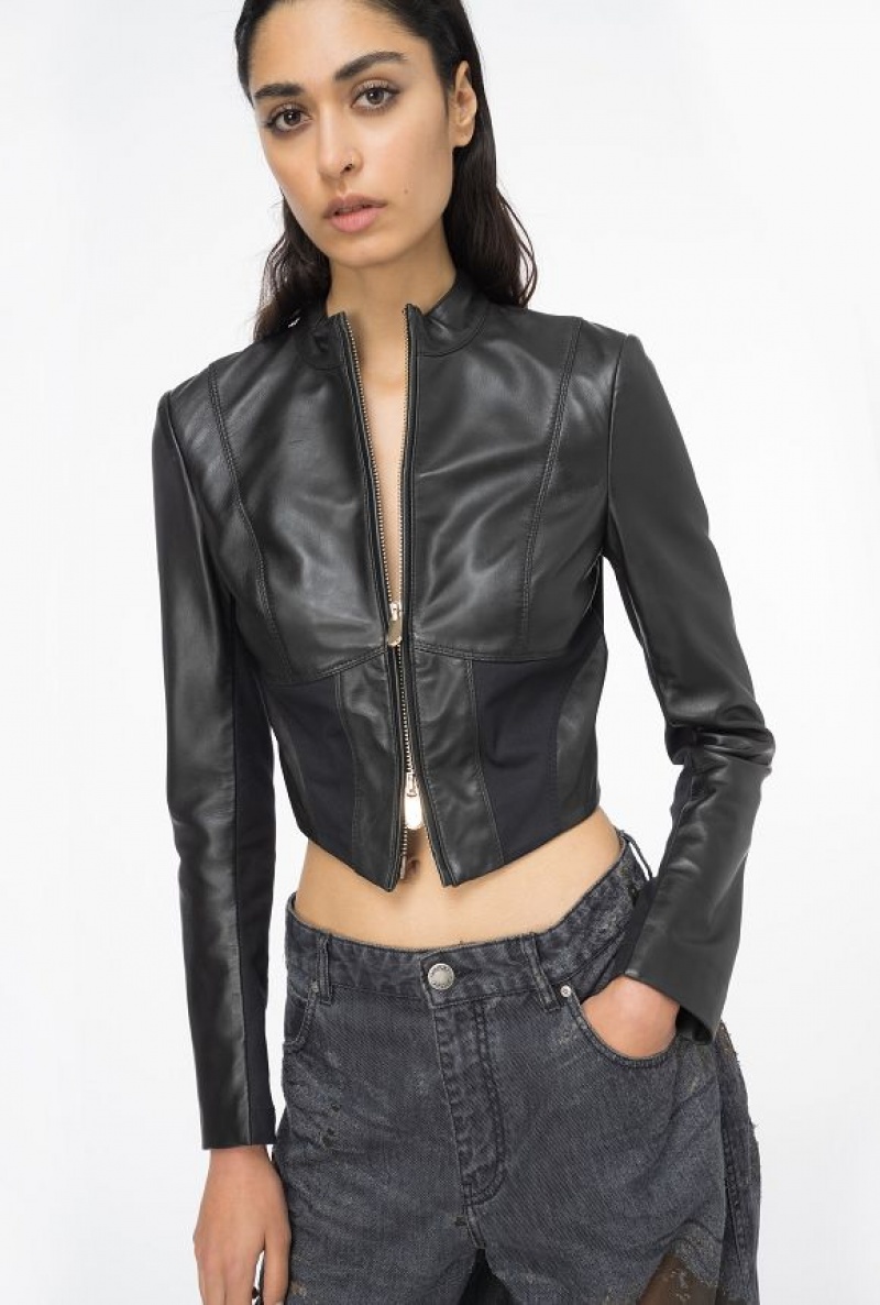 Pinko Short Leather And Fabric Biker Jacket LIMO BLACK | SN-PKO33575