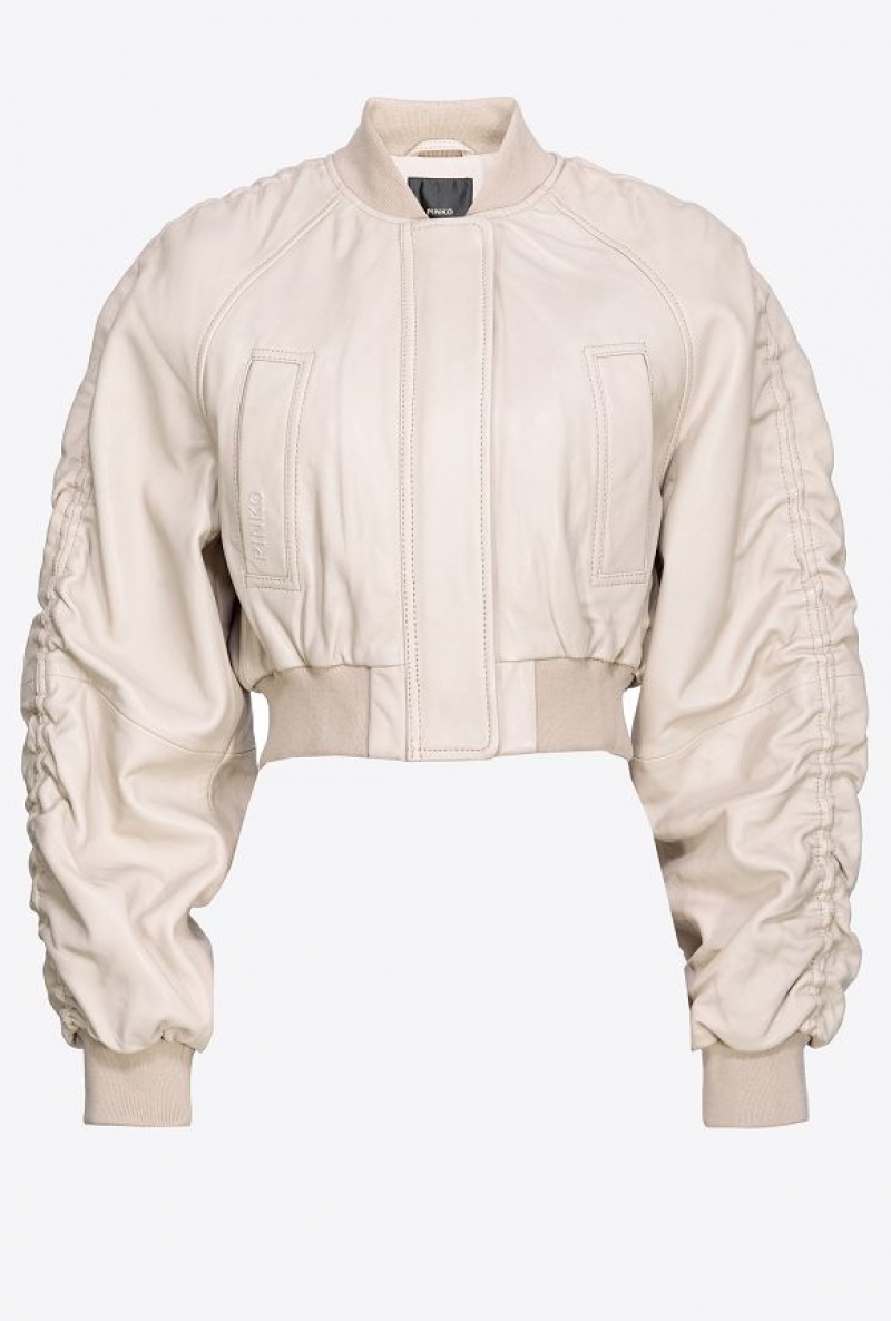 Pinko Short Nappa Leather Bomber Jacket BEIGE-OATMEAL | SN-PKO33572