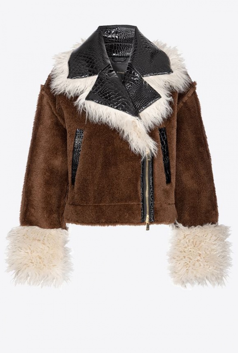 Pinko Short Sheepskin-effect Pea Coat With Patch BROWN/BLACK/ECRU' | SN-PKO33622