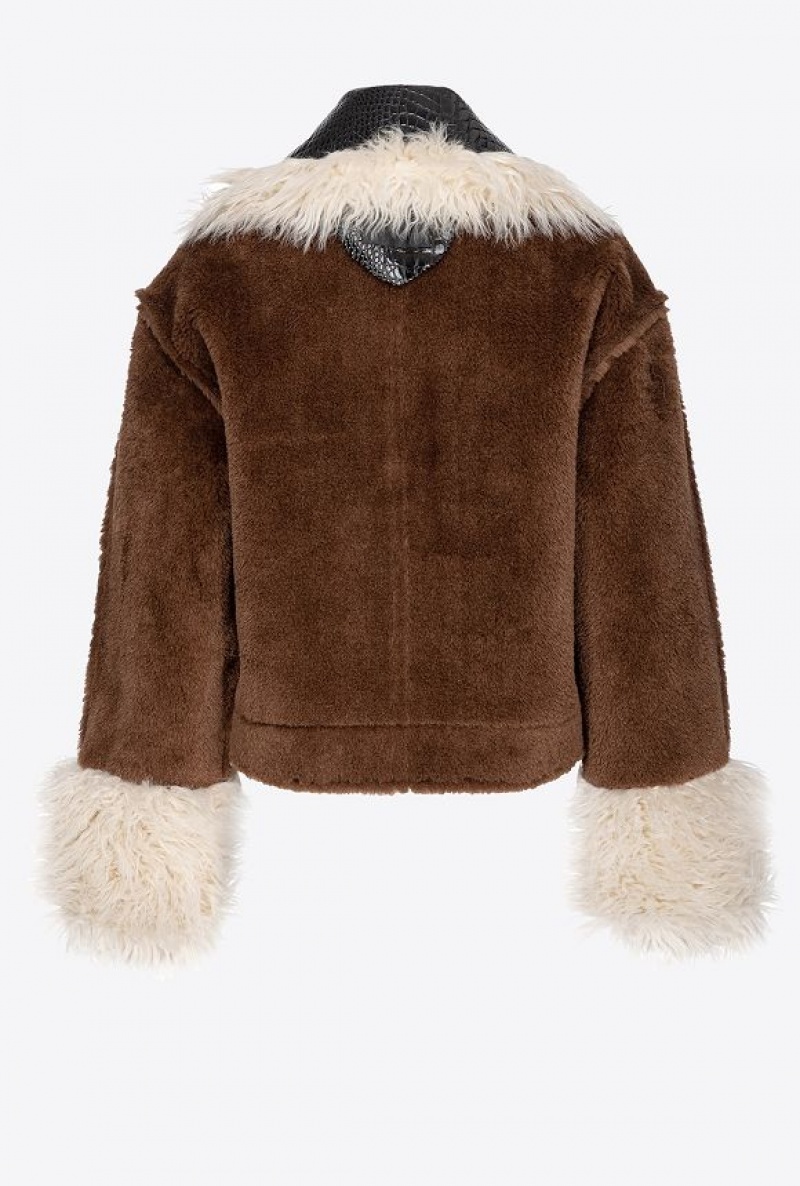 Pinko Short Sheepskin-effect Pea Coat With Patch BROWN/BLACK/ECRU' | SN-PKO33622