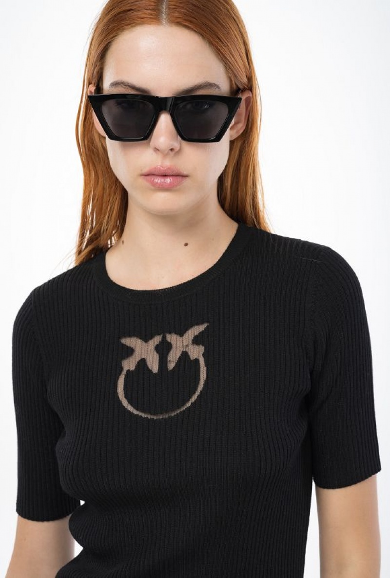 Pinko Short-sleeved Wool Sweater With Logo LIMO BLACK | SN-PKO33381