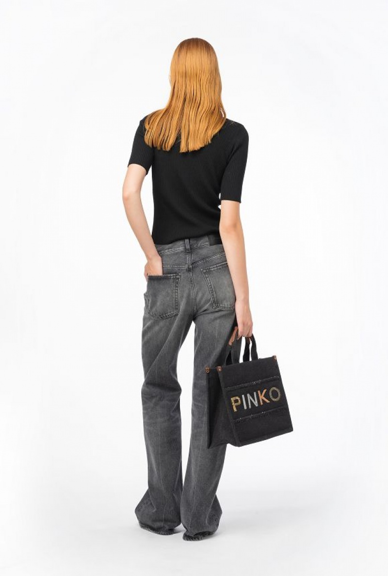 Pinko Short-sleeved Wool Sweater With Logo LIMO BLACK | SN-PKO33381