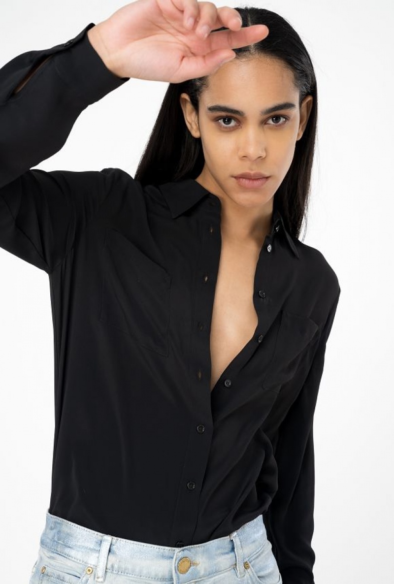 Pinko Silk-blend Shirt With Breast Pocket LIMO BLACK | SN-PKO33130