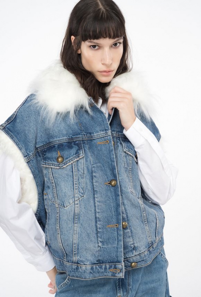 Pinko Sleeveless Denim Jacket With Faux Fur MEDIUM VINTAGE WASH | SN-PKO33591