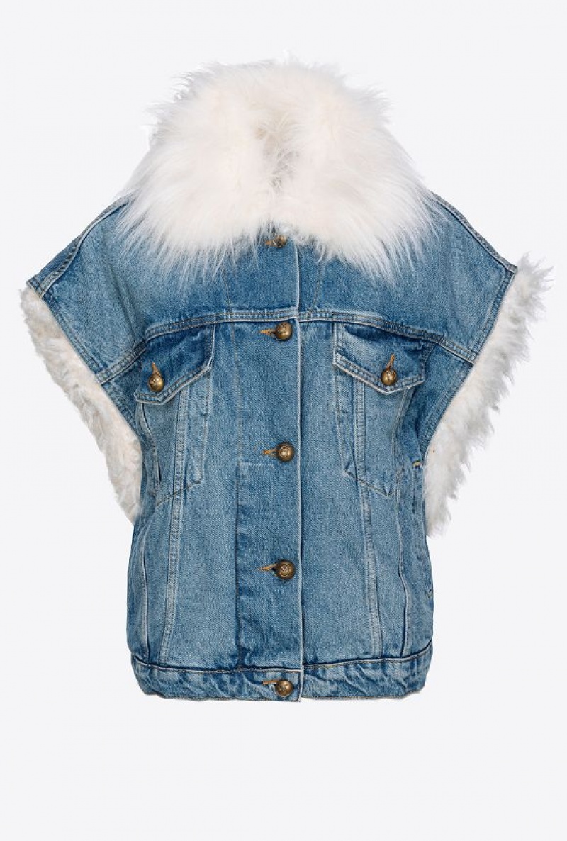 Pinko Sleeveless Denim Jacket With Faux Fur MEDIUM VINTAGE WASH | SN-PKO33591