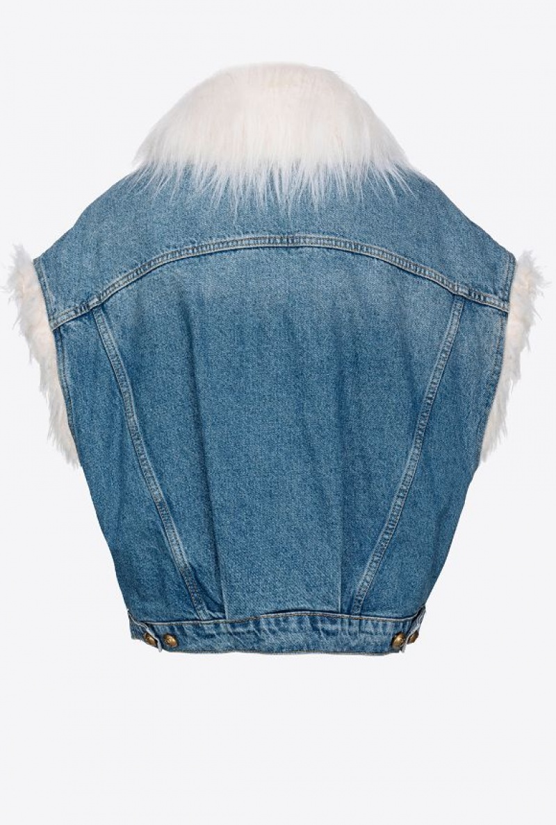 Pinko Sleeveless Denim Jacket With Faux Fur MEDIUM VINTAGE WASH | SN-PKO33591