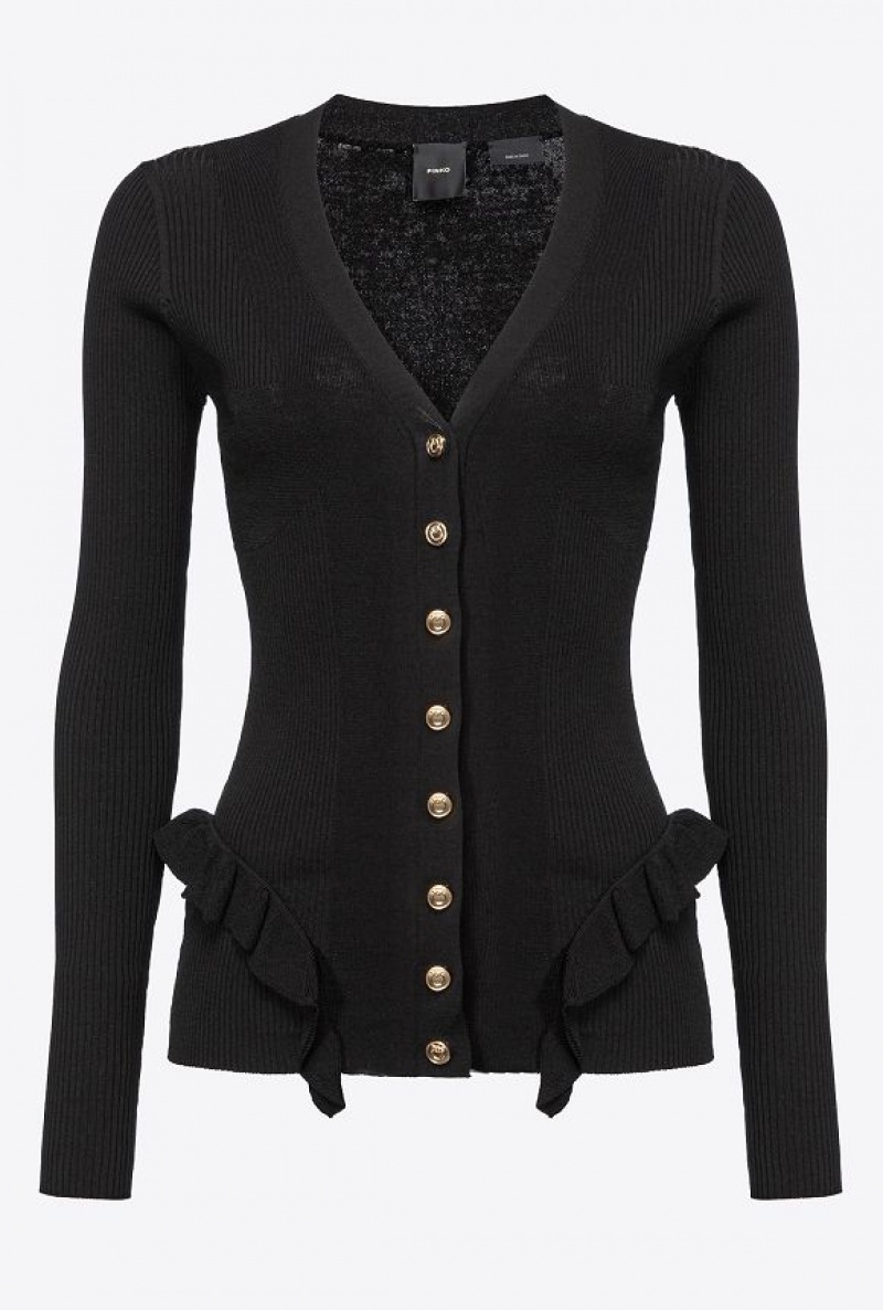 Pinko Slim-fit Ribbed Cardigan With Ruching LIMO BLACK | SN-PKO33461