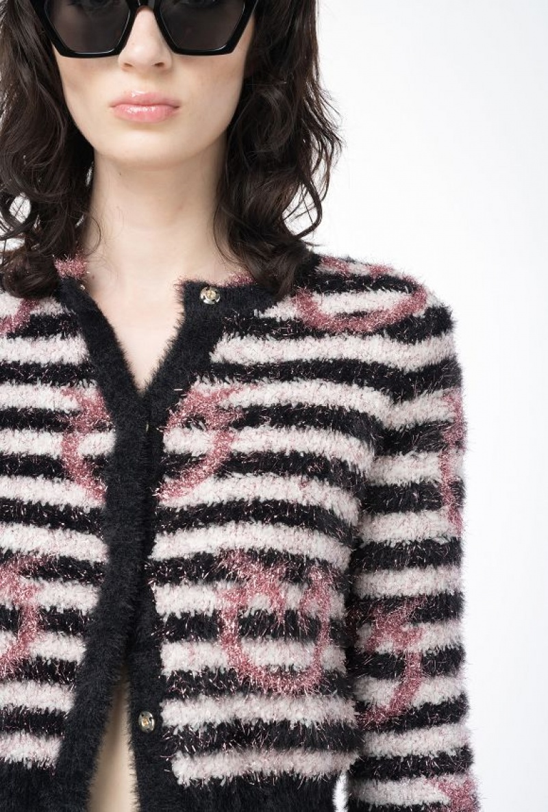 Pinko Slim-fitting Fringed Lurex Cardigan WHITE/BLACK/PINK | SN-PKO33431