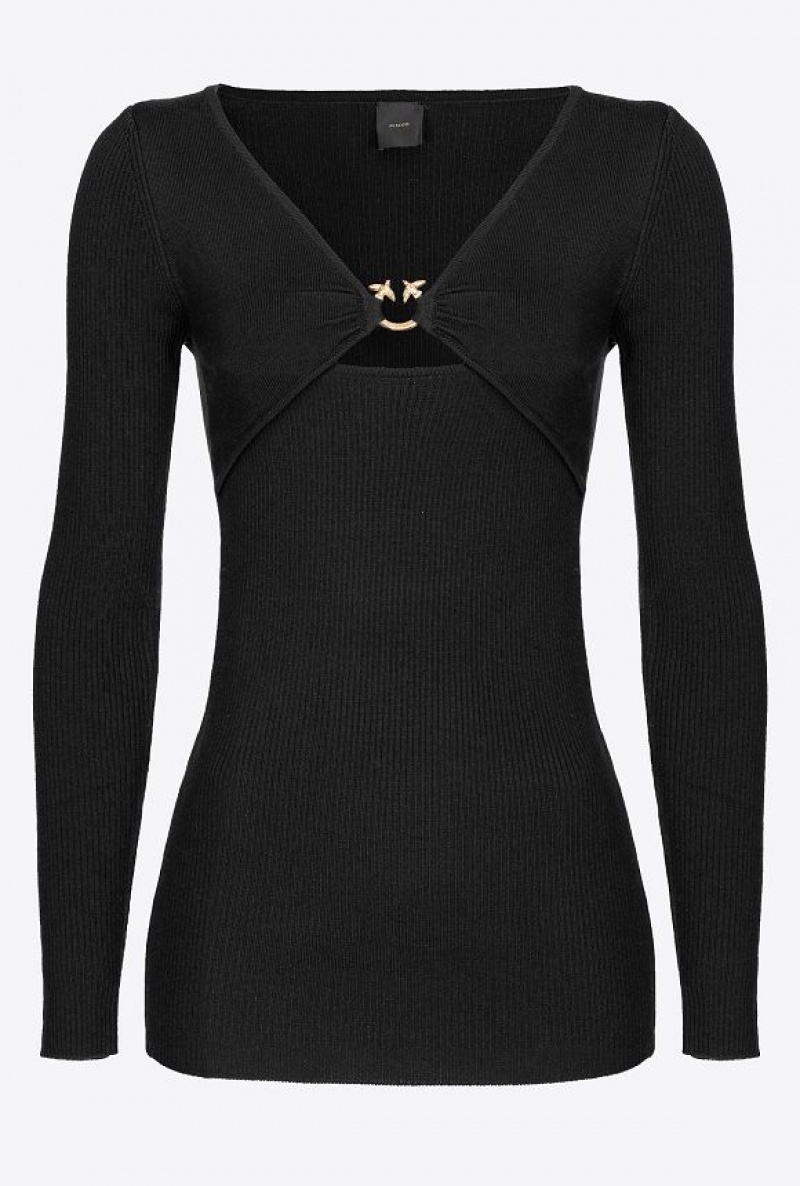 Pinko Slim-fitting Sweater With Love Birds Buckle LIMO BLACK | SN-PKO33295