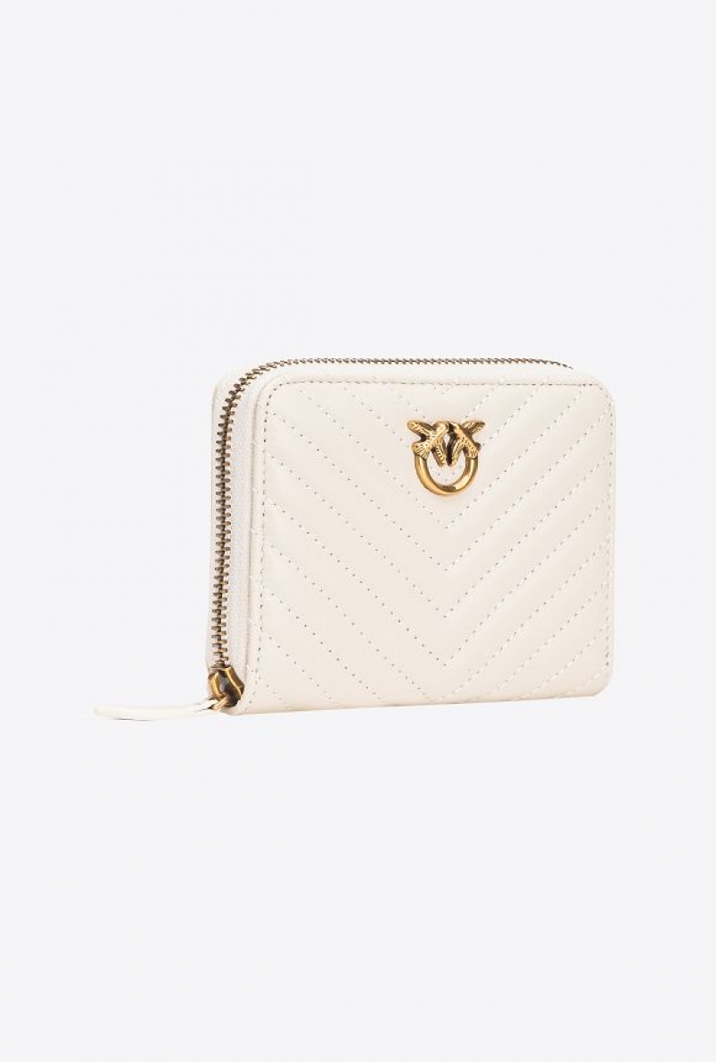 Pinko Square Zip-around Wallet In Chevron-patterned Nappa Leather WHITE+WHITE-ANTIQUE GOLD | SN-PKO34276