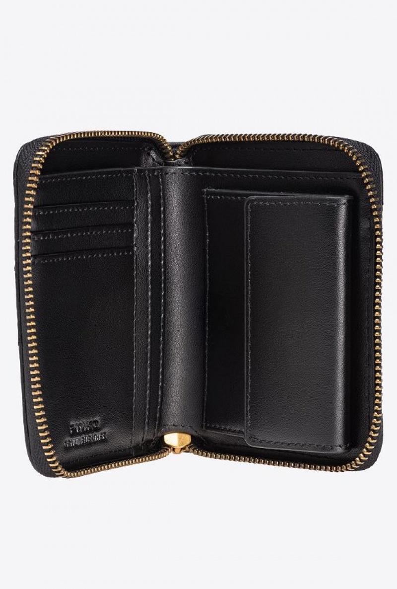 Pinko Square Zip-around Wallet In Chevron-patterned Nappa Leather BLACK-ANTIQUE GOLD | SN-PKO34278