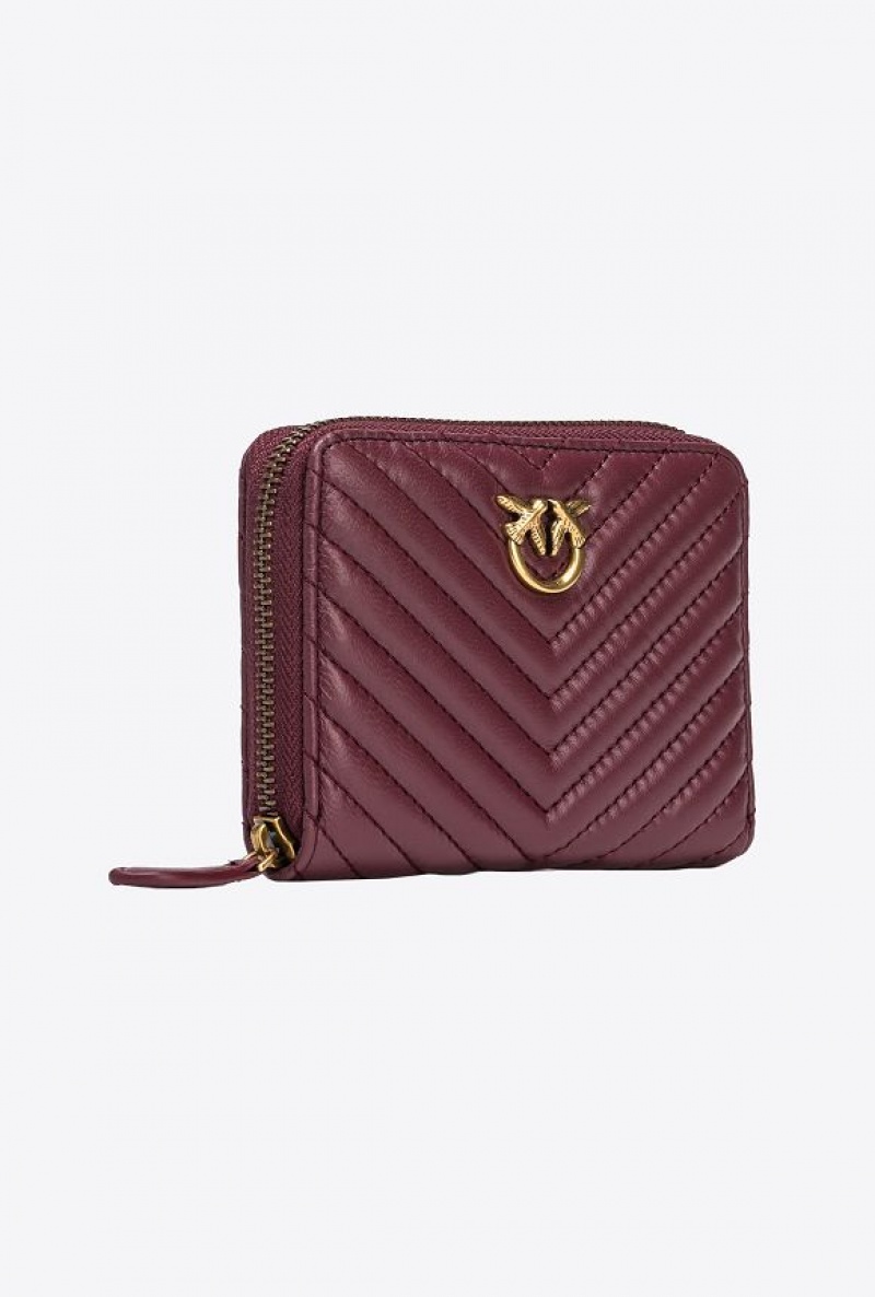 Pinko Square Zip-around Wallet In Chevron-patterned Nappa Leather INTENSE BERRY-ANTIQUE GOLD | SN-PKO34279