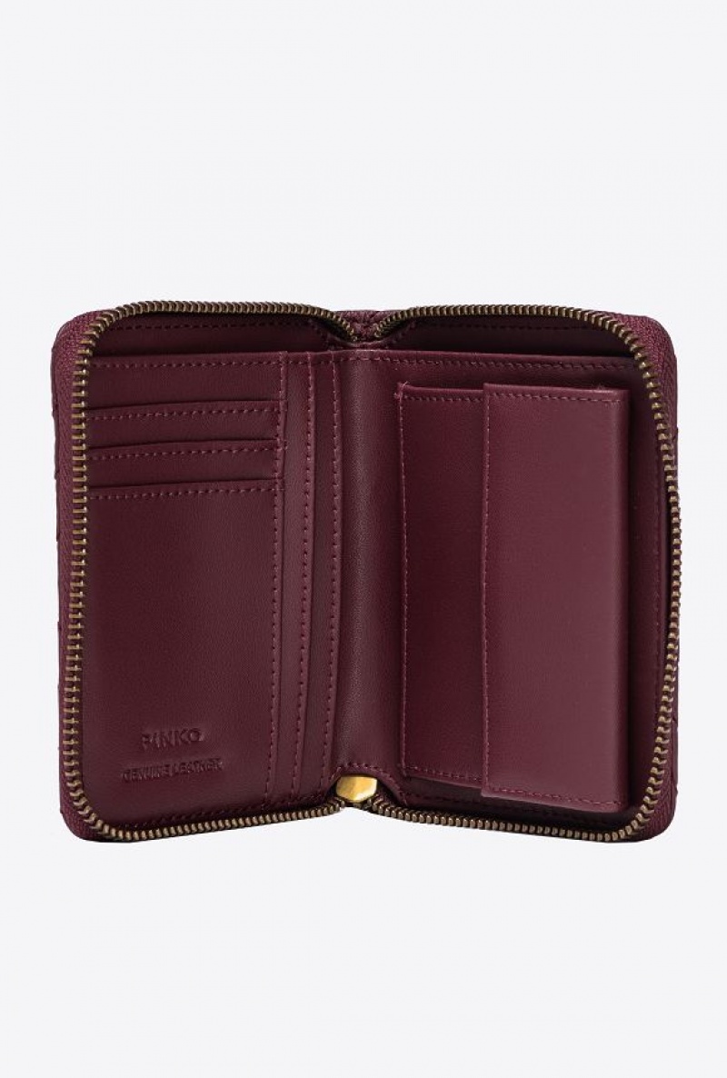 Pinko Square Zip-around Wallet In Chevron-patterned Nappa Leather INTENSE BERRY-ANTIQUE GOLD | SN-PKO34279