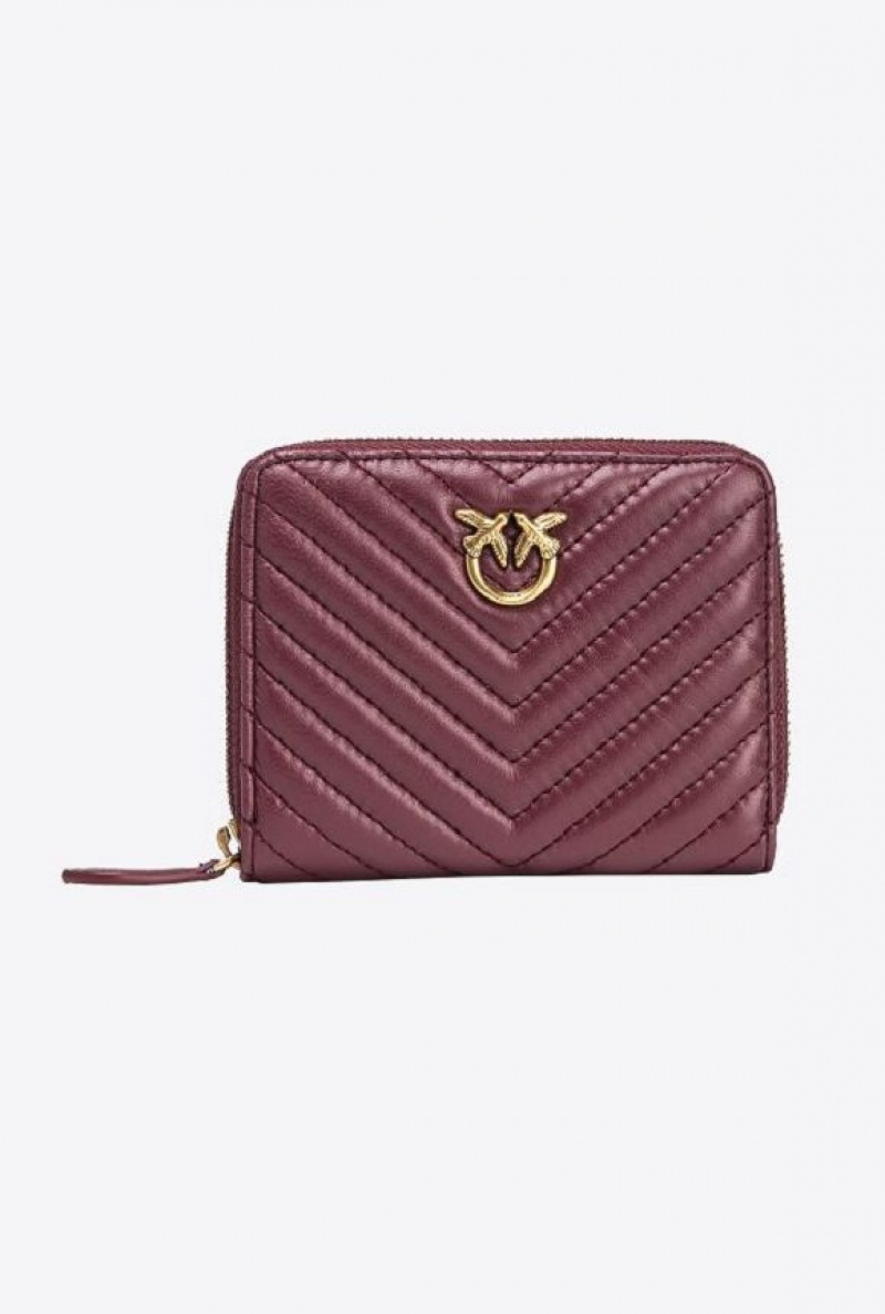 Pinko Square Zip-around Wallet In Chevron-patterned Nappa Leather INTENSE BERRY-ANTIQUE GOLD | SN-PKO34279