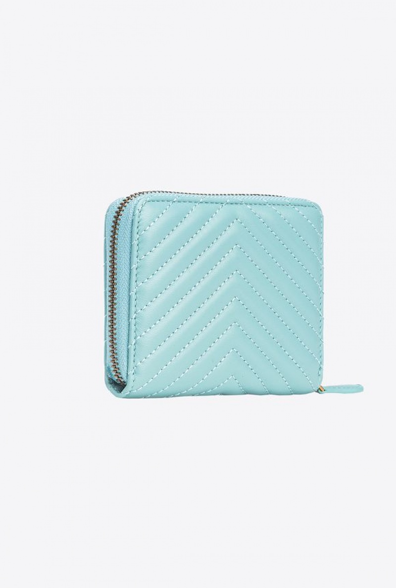 Pinko Square Zip-around Wallet In Chevron-patterned Nappa Leather SEA BLUE-ANTIQUE GOLD | SN-PKO34332