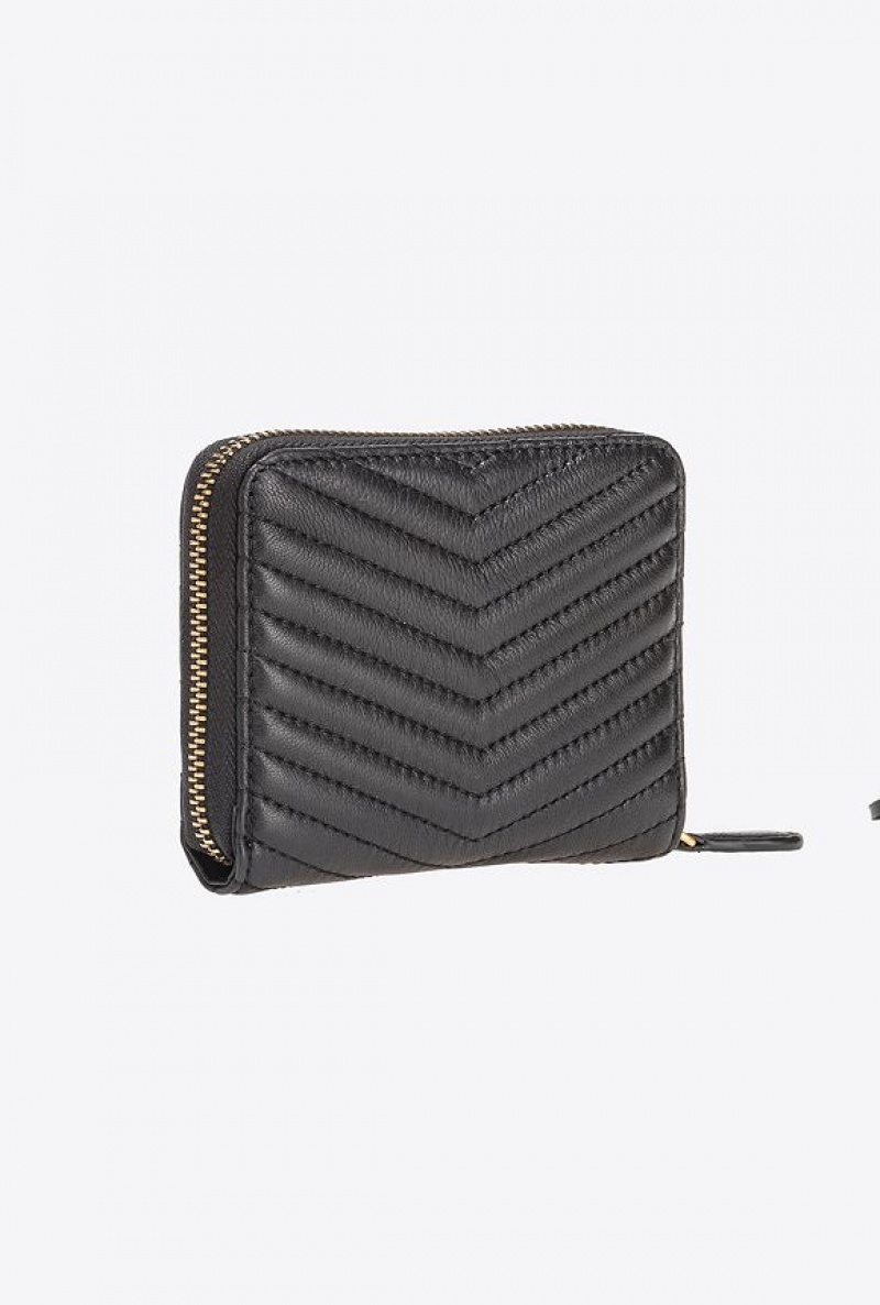 Pinko Square Zip-around Wallet In Chevron-patterned Nappa Leather BLACK-ANTIQUE GOLD | SN-PKO34336