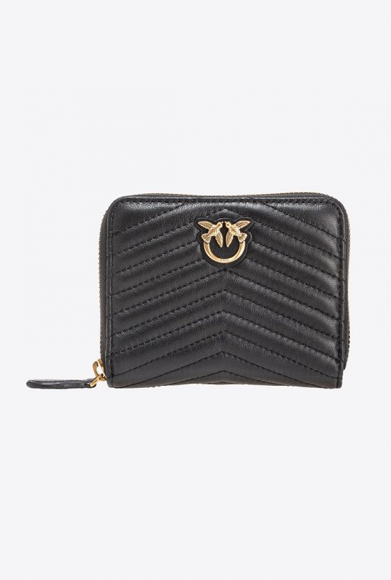 Pinko Square Zip-around Wallet In Chevron-patterned Nappa Leather BLACK-ANTIQUE GOLD | SN-PKO34336