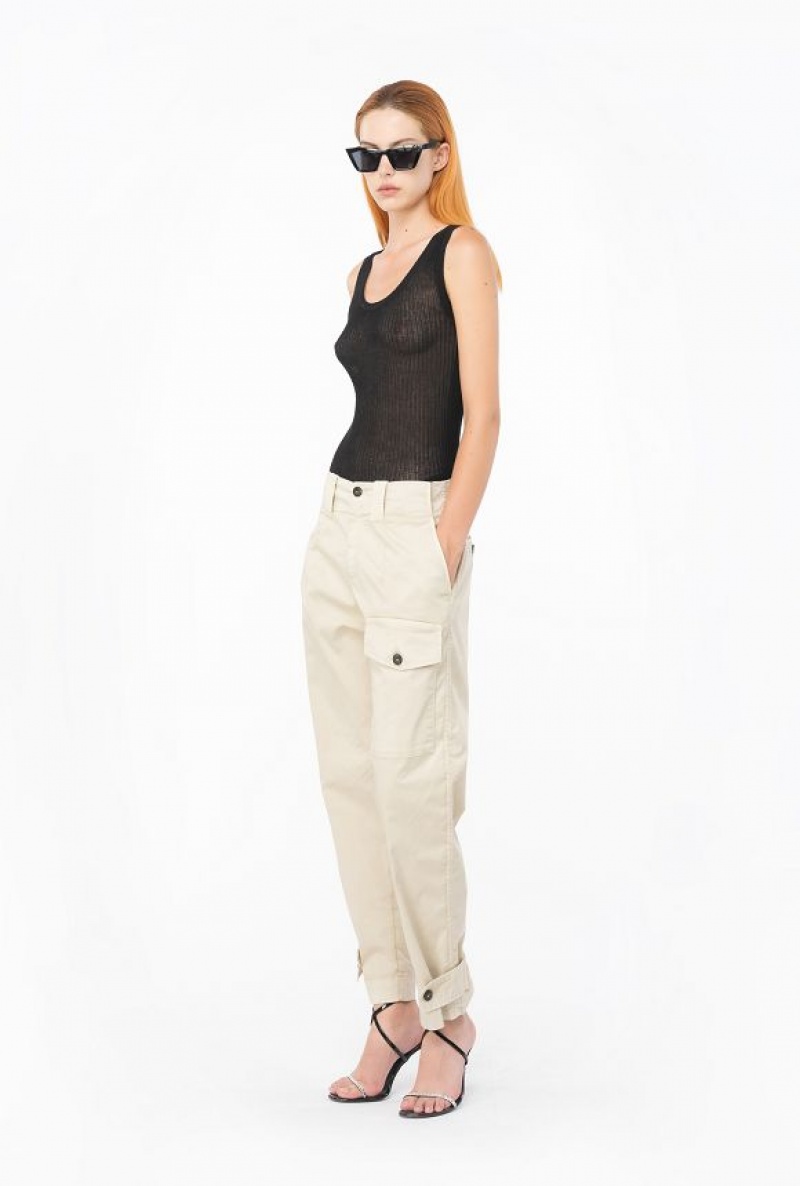 Pinko Stretch Cotton Cargo Trousers BEIGE-WOOD ASH | SN-PKO33794