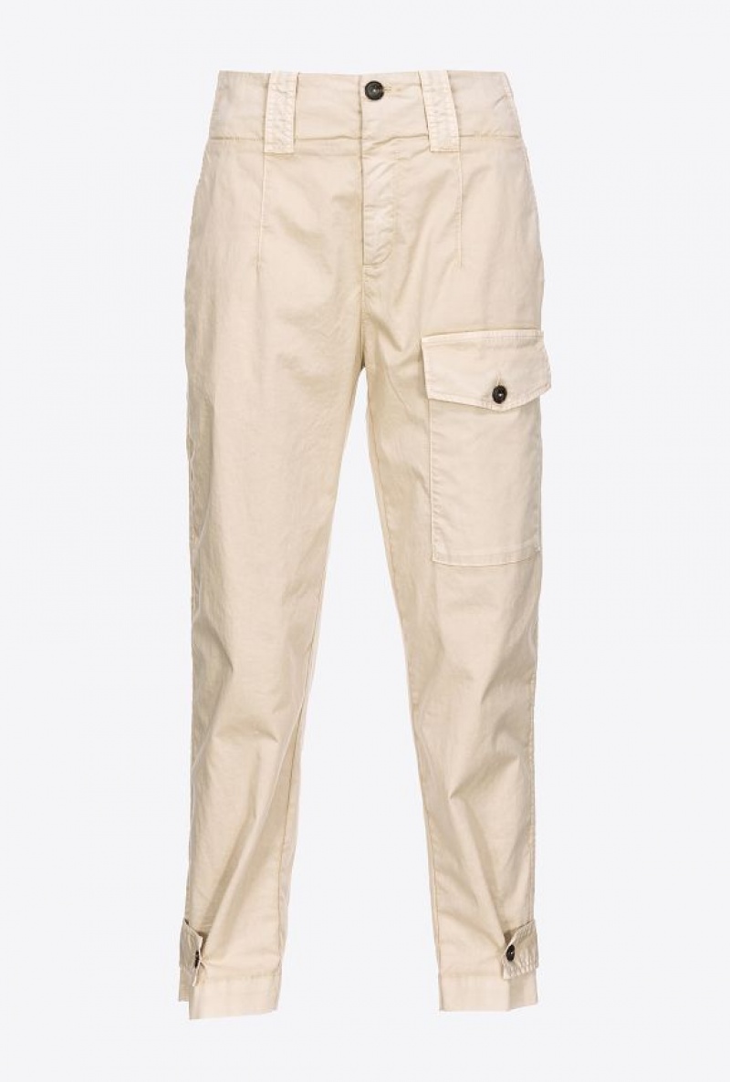 Pinko Stretch Cotton Cargo Trousers BEIGE-WOOD ASH | SN-PKO33794