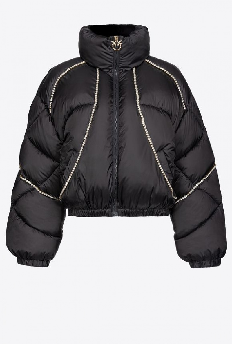 Pinko Technical Satin Down Jacket With Crystals LIMO BLACK | SN-PKO33637