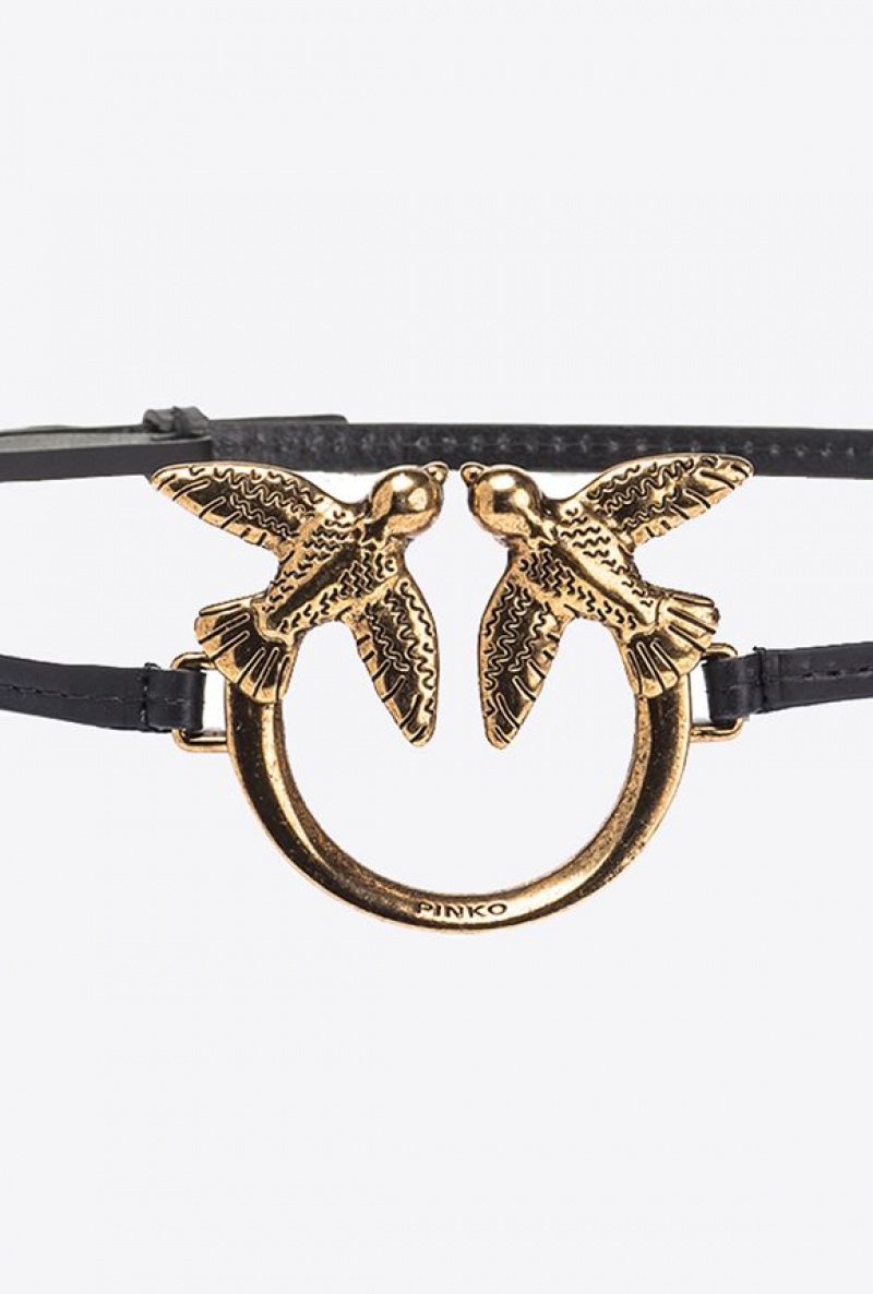 Pinko Thin Belt With Large Love Birds Buckle BLACK-ANTIQUE GOLD | SN-PKO34220