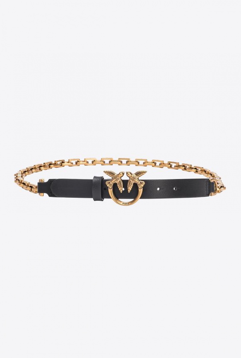 Pinko Thin Love Birds Belt With Chain 2cm BLACK-ANTIQUE GOLD | SN-PKO34183