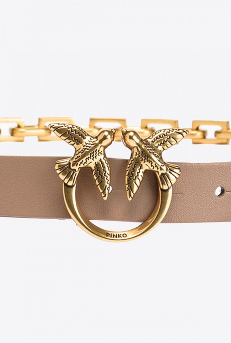 Pinko Thin Love Birds Belt With Chain 2cm GINGER BISCUIT-ANTIQUE GOLD | SN-PKO34203